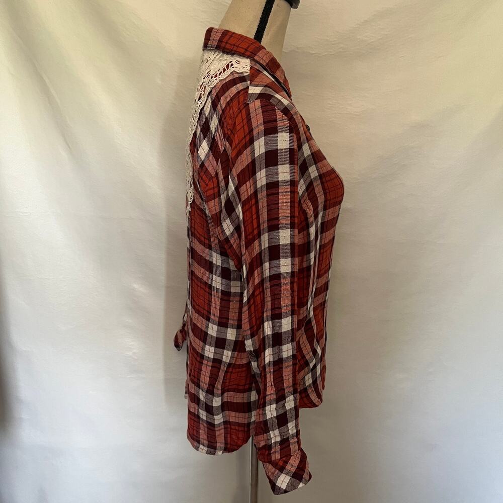 Linda Anderson Crochet Back Plaid Womens Shirt Sz S Boho Western Indie Grunge - Picture 6 of 15